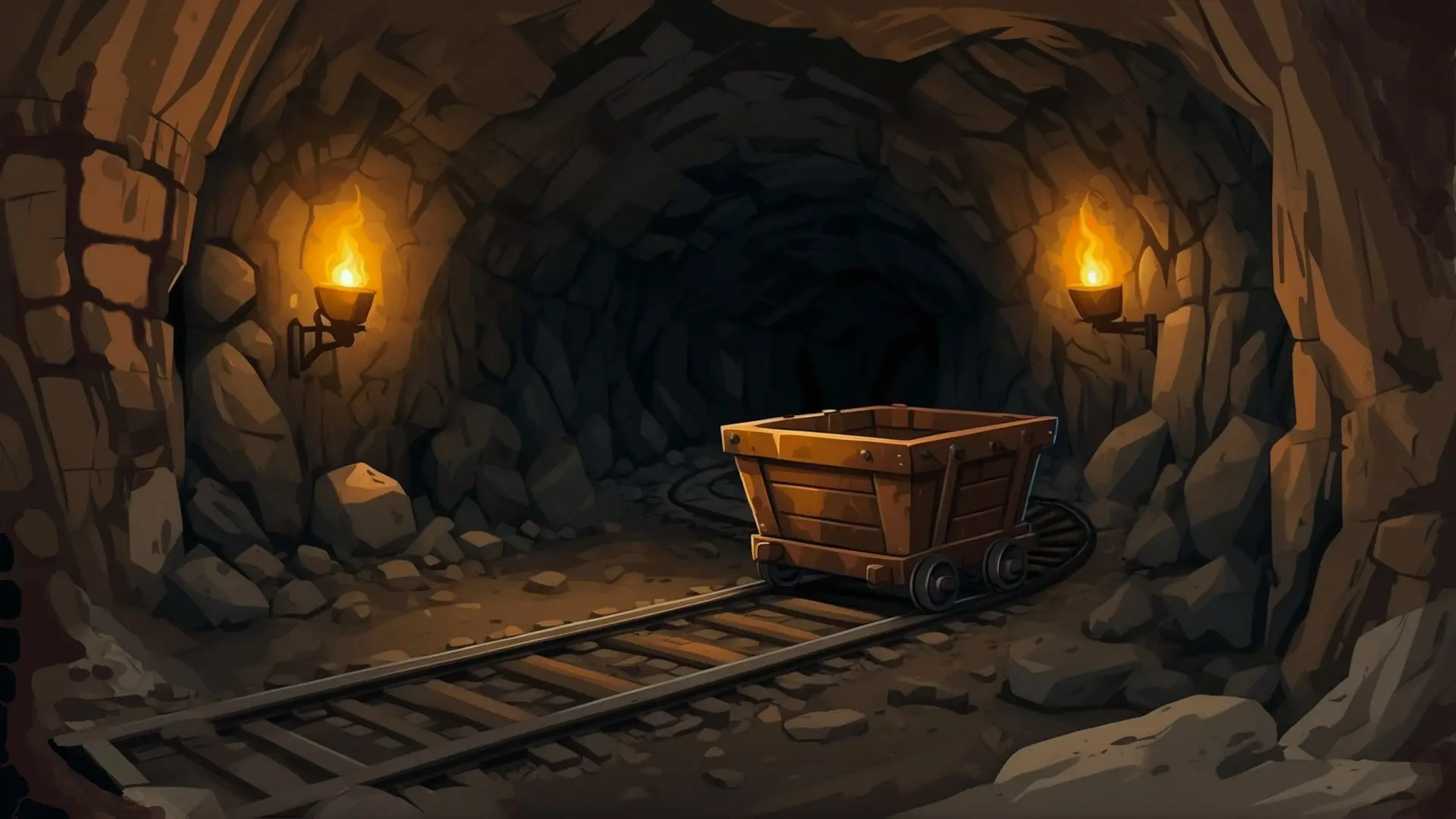 A mine cart waits on rails leading into a torch-lit tunnel beneath Copperdeep.
