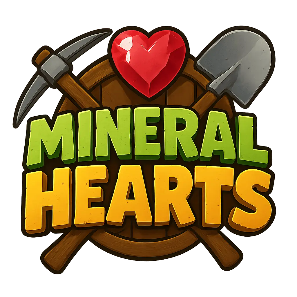 Mineral Hearts — a ruby heart, pickaxe and shovel on a wooden crest